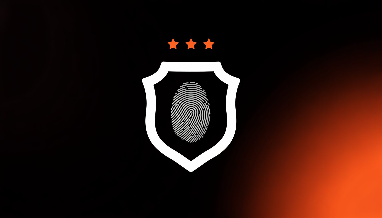 Ein minimalistisches Vertrauens-Schild mit Fingerabdruck und Sternen – Sinnbild für E-E-A-T, dunkler Hintergrund mit orangem Akzent