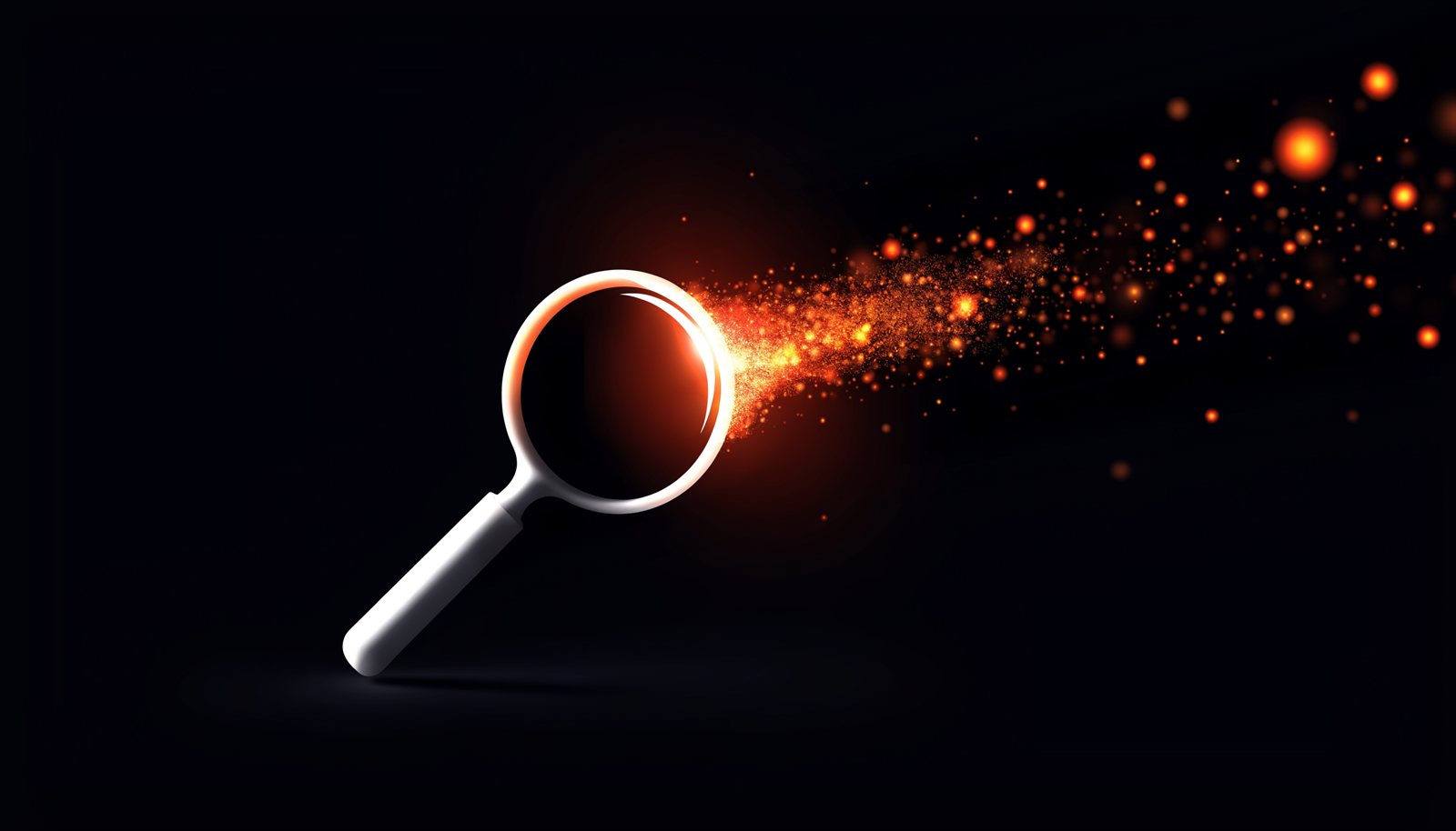 Eine klassische Suchlupe löst sich in leuchtende KI-Partikel auf – Sinnbild für den Wandel von SEO, dunkler Hintergrund mit orangem Akzent
