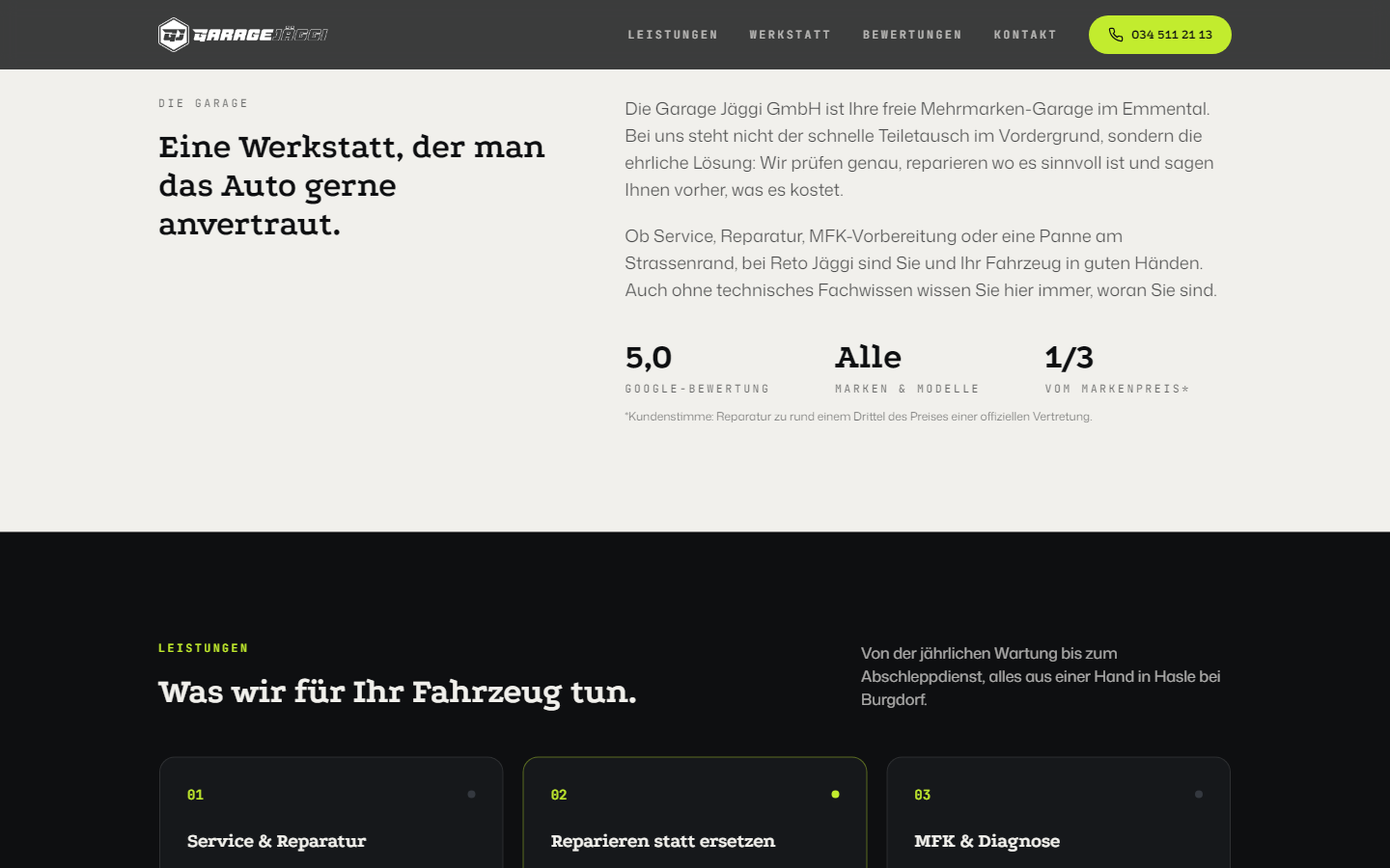 Garage Jäggi – Positionierung und Kennzahlen: 5,0 Google-Bewertung, alle Marken, 1/3 vom Markenpreis