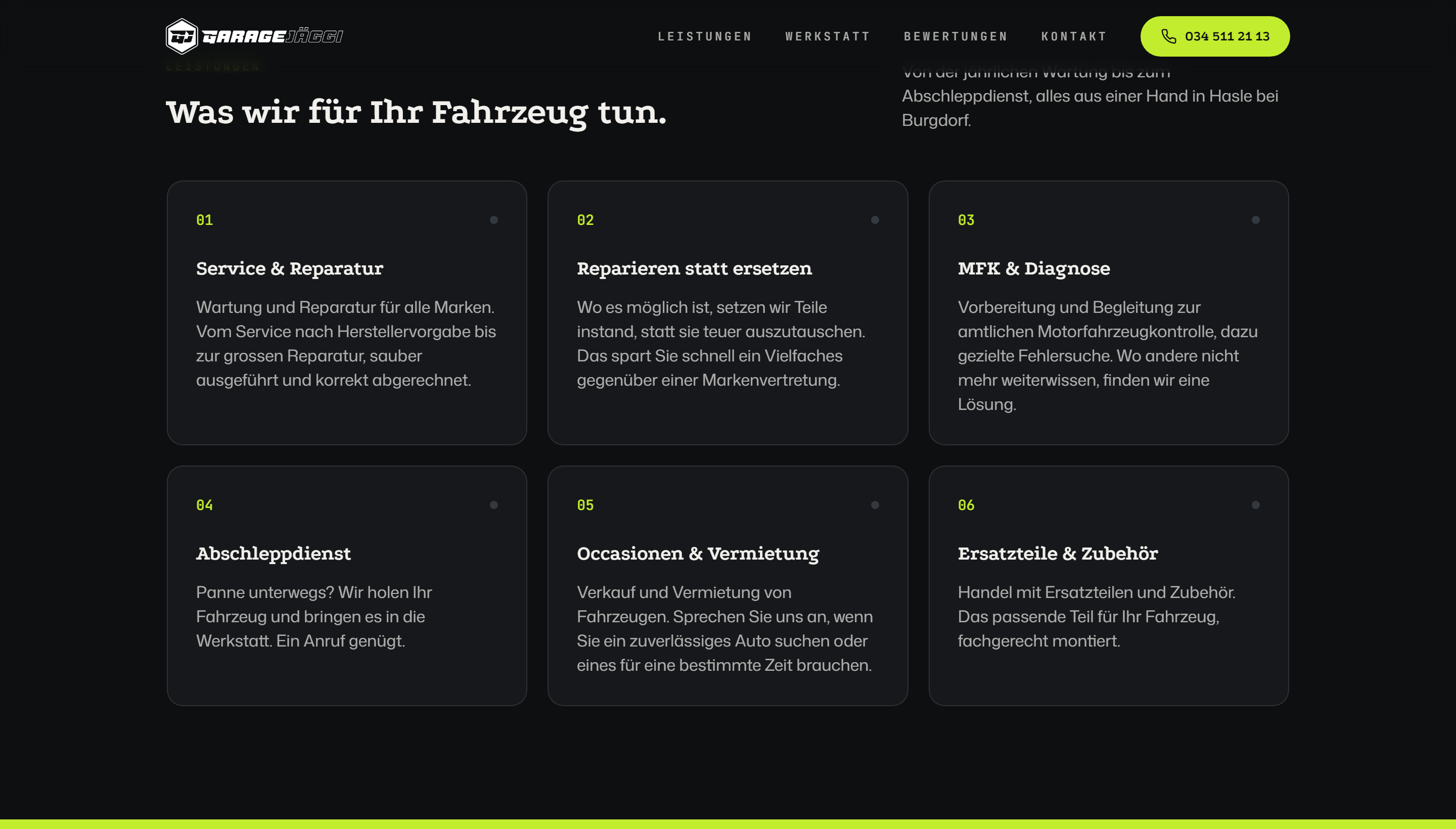 Garage Jäggi – Leistungsübersicht: Service, Reparatur, MFK, Abschleppdienst, Occasionen, Ersatzteile
