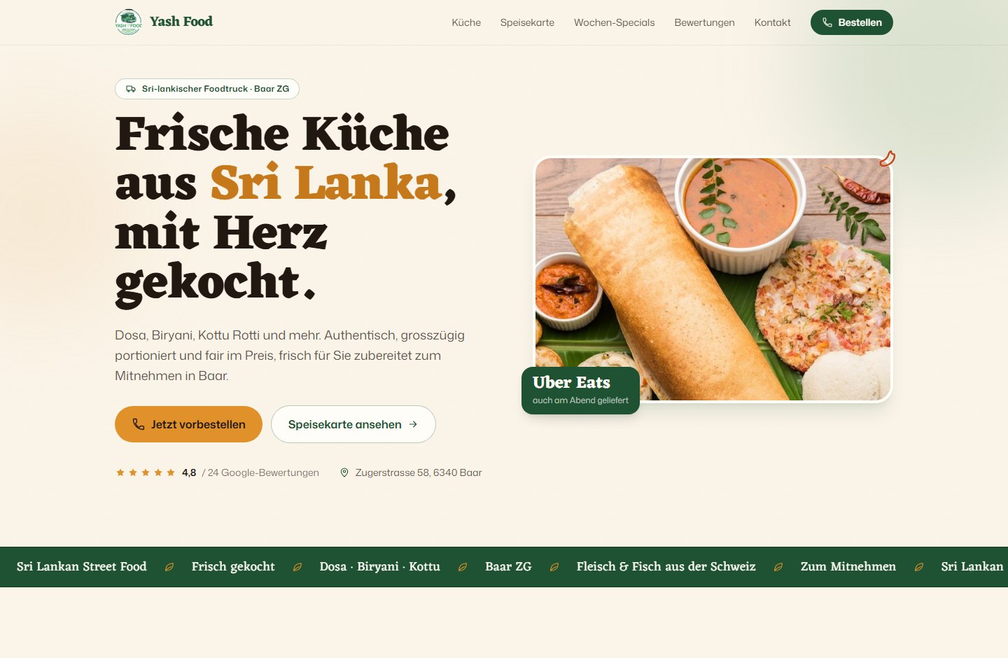 Yash Food Website – Startseite mit sri-lankischer Küche
